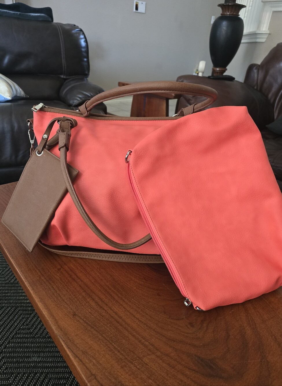 Coral Pink Shoulder Bag & Brown Trim - Classic Everyday Tote 3 In 1 Black Rivet - Picture 10 of 16